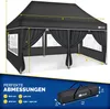 Diagram showing the dimensions of a black pop-up gazebo, with a carrying bag shown below. Produktbild-Vorschau