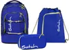 A set of three blue school bags with yellow trim, including a backpack, a drawstring bag, and a pencil case, displayed against a white background. Náhled obrázku produktu