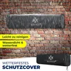 A protective cover for an infrared heater is shown on a brick wall background, with rain effects. Text highlights features like 'Easy to clean' and 'Waterproof & weatherproof'. A second image shows the cover itself. Produktbild-Vorschau