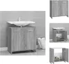 A collage of images showing a gray wooden bathroom cabinet with a sink, and close-ups of its interior and exterior. Produktbild-Vorschau