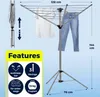 A silver and black laundry drying rack with clothes hanging on it, shown with dimensions and feature callouts. Produktbild-Vorschau