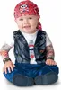 A baby wearing a biker costume, sitting and smiling. Podgląd zdjęcia produktu