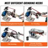 A collage of four images showing a belt grinder in different operational positions, with text labels. Produktbild-Vorschau