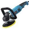 A blue and black electric polisher with a yellow polishing pad is shown against a white background. Voir les images du produit