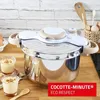 A pressure cooker is displayed on a wooden countertop, with two small dessert cups in the foreground and kitchen utensils in the background. Voir les images du produit