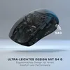 A transparent view of a black wireless gaming mouse, showcasing its internal components, with text highlighting its lightweight design. Produktbild-Vorschau