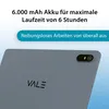 The back of a gray tablet is shown, with the brand logo and camera module visible. Text overlays describe battery life and user experience. Produktbild-Vorschau