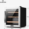 A white and black wine cooler with wooden shelves, shown from a slightly angled front perspective with dimension labels. Produktbild-Vorschau