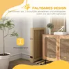 A wooden pet gate is shown folded and leaning against a wall, next to a cabinet and a plant. Text overlays highlight its features. Produktbild-Vorschau