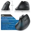 A marketing image showcasing a black vertical ergonomic mouse with dimensions and feature callouts. Produktbild-Vorschau