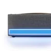 A close-up side view of a gray upholstered bed frame with a blue LED light strip along the bottom. Produktbild-Vorschau