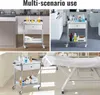 A collage of three images showing a stainless steel utility cart in different settings: a kitchen, a laboratory, and a spa/treatment room. Produktbild-Vorschau