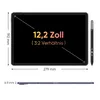 Diagram showing the dimensions of a tablet and stylus. Produktbild-Vorschau