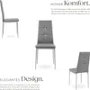 Three grey dining chairs are displayed against a white background, with marketing text highlighting comfort and design. Produktbild-Vorschau