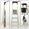 A collage of images showing a foldable aluminum ladder with four steps, its features, and a person using it. Podgląd zdjęcia produktu