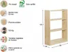 A diagram showing a wooden bookshelf with dimensions and feature callouts. Produktbild-Vorschau