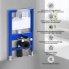 A wall-mounted toilet cistern and frame with descriptive text and icons highlighting features. Podgląd zdjęcia produktu