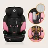 A black and pink car seat with inset images showing features. Podgląd zdjęcia produktu