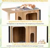 A cat tree with a cat sleeping on top and text describing its features. Podgląd zdjęcia produktu