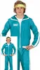 A man wearing a teal tracksuit with white stripes and a yellow headband. Produktbild-Vorschau