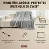 A grey electric blanket draped over a sofa, with marketing text and icons. Produktbild-Vorschau