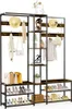 A multi-functional entryway organizer with shelves and hooks, displaying various items like hats, coats, bags, and shoes. Podgląd zdjęcia produktu