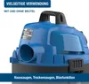 Close-up of the top part of a blue wet and dry vacuum cleaner with a black handle, showing a label and an intake port. Produktbild-Vorschau