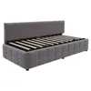 A gray upholstered bed frame with a headboard and wooden slats for a mattress, shown from a side angle on a white background. Anteprima dell’immagine prodotto