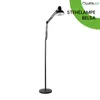 A black adjustable floor lamp on a white background with a green overlay containing text and a logo. Produktbild-Vorschau