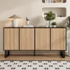 A modern sideboard with a ribbed wood-look front and black metal legs, displayed in a well-lit room with decorative items on top. Anteprima dell’immagine prodotto