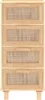 A front view of a wooden sideboard with four drawers, each featuring a rattan insert. Anteprima dell’immagine prodotto
