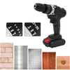 A collage of a cordless drill, close-ups of its settings, and various material textures. Produktbild-Vorschau