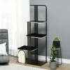 A modern cat tree with multiple platforms and scratching surfaces, placed in a living room setting next to a sofa and a potted plant. Náhľad obrázku produktu