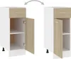 Two identical kitchen cabinets are shown side-by-side against a white background. The cabinet on the left has its door open, revealing two shelves. The cabinet on the right has its door closed. An arrow graphic above indicates the doors can open in either  Podgląd zdjęcia produktu
