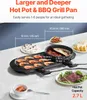 A VEVOR Hot Pot & BBQ Grill Pan is shown on a table with food items like shrimp, mushrooms, and meat. Produktbild-Vorschau