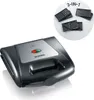 A black and silver sandwich maker with indicator lights is shown on a white background. In the upper right corner, a circular graphic displays the text "3-IN-1" and three sets of interchangeable plates for different cooking functions (waffles, sandwiches,  Anteprima dell’immagine prodotto