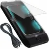 A black UV sterilizer box with a phone inside, illuminated by blue UV light, and a USB cable. Náhled obrázku produktu
