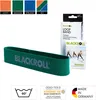 A product shot of a green Blackroll loop band with packaging and certification logos in the background and foreground. Anteprima dell’immagine prodotto