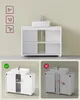 A bathroom vanity unit with a sink, shown in a main image and two detail shots illustrating correct and incorrect plumbing connections. Produktbild-Vorschau
