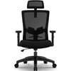 A black ergonomic office chair with a headrest and mesh back, shown from the front on a white background. Produktbild-Vorschau