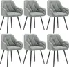 Six gray dining chairs are arranged in two rows of three against a white background.
