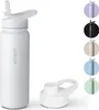 A white insulated water bottle with a straw lid is shown, along with a separate lid. To the right, there are circular swatches showing the bottle in various colors. Produktbild-Vorschau