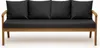 A front view of a wooden outdoor sofa with black cushions. Voir les images du produit