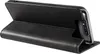 A black leather flip case for a smartphone, shown from the side with the flip cover open. Produktbild-Vorschau