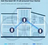 Diagram showing Wi-Fi coverage in a multi-story house with three mesh Wi-Fi units. Podgląd zdjęcia produktu