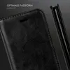 A close-up of a black leather phone case, showing its texture and stitching. The case is shown partially open, revealing the inside and the edge of a phone. Text overlays highlight a feature. Produktbild-Vorschau