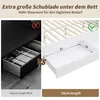 A split image comparing two bed drawer sizes, with text overlay indicating "Extra large drawer under the bed" and storage benefits. Produktbild-Vorschau