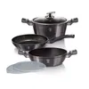 A set of cookware, including a pot with a lid, a frying pan, and a wok, is displayed on a white background. Produktbild-Vorschau