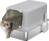 A cat is partially inside a gray litter box with a clear flap door. A white litter scoop is attached to the side of the litter box. Produktbild-Vorschau