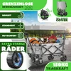 A foldable wagon with a canopy, loaded with items and a dog, shown outdoors with text overlays highlighting features. Produktbild-Vorschau